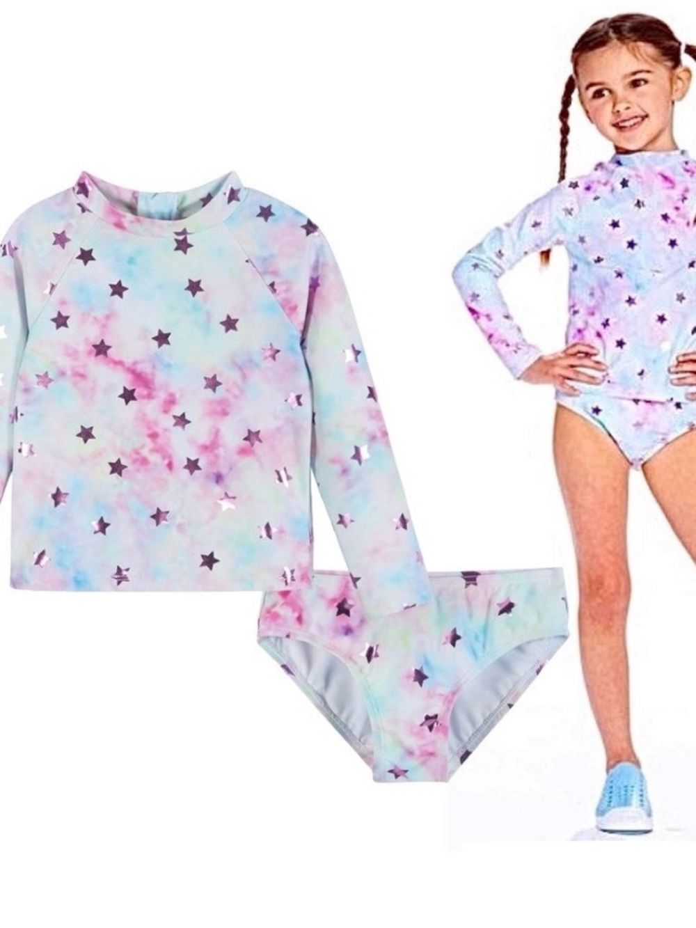 Kids' Long Sleeve Star Print Rash Guard Bikini Set - Pastel Tie-Dye